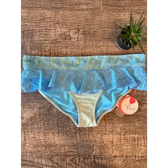 Gottex Lace Ruffle XL Bikini Bottoms Y2K Baby Blue Gingham,Cottagecore Swim, NEW - Picture 2 of 6